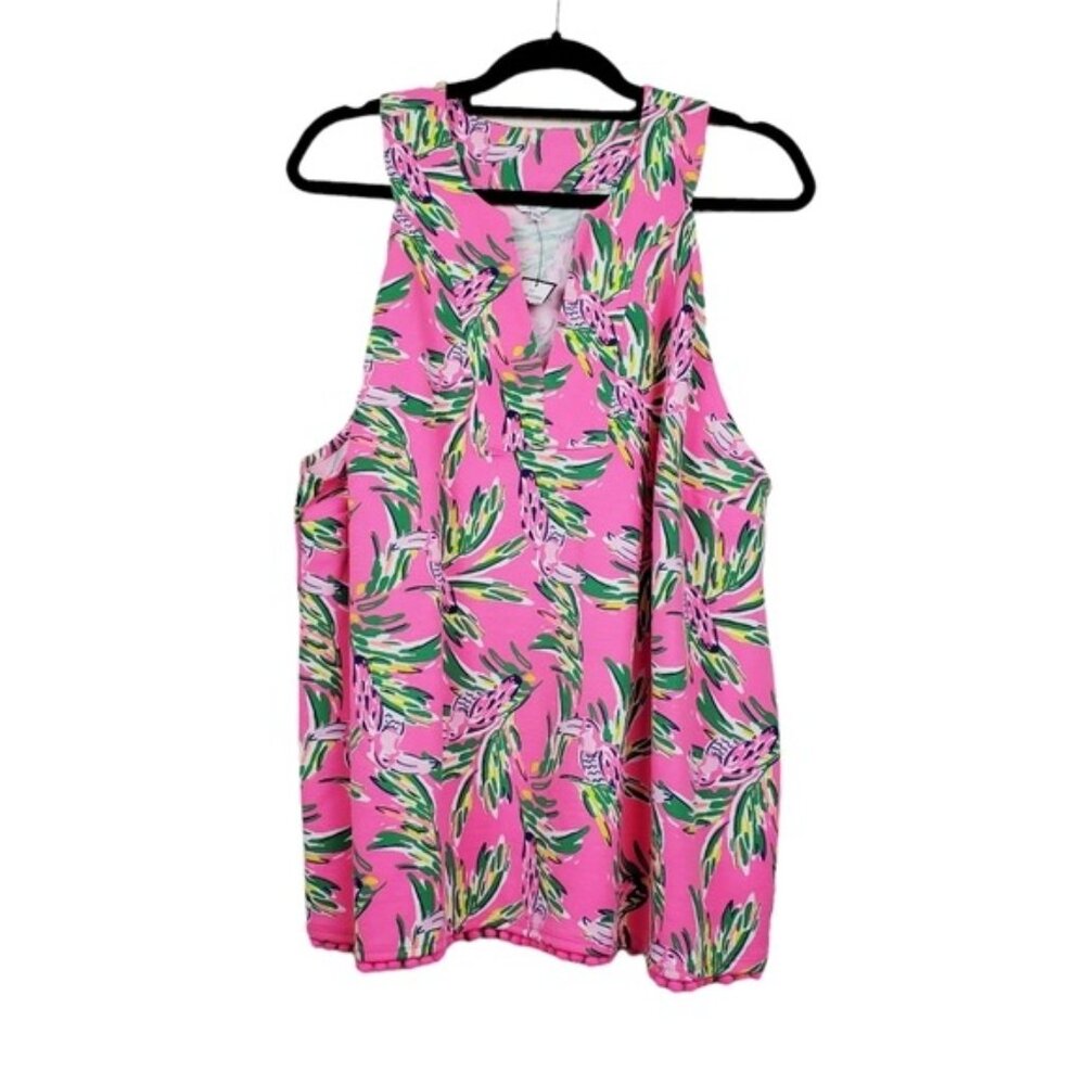 Crown & Ivy Womens Sleeveless Pink Tropical Bird Print Pom Pom Top Size 3X NWOT